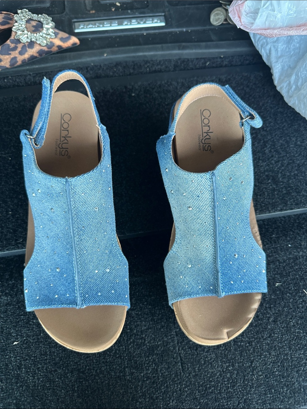 Corkys Light Blue Denim Peep-Toe Slingback Sandals with Rhinestones